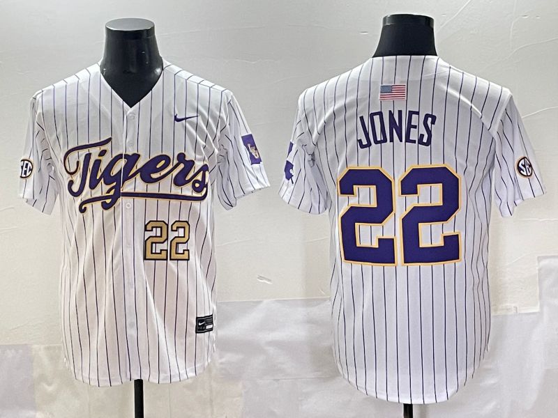 Men 2025 LSU Tigers #22 Jones White Stripe Nike Joint Name Nike NCAA Jersey style 5->ncaa teams->NCAA Jersey